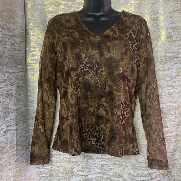 Script Brown Floral Glittery Print Long Sleeve Semi-Sheer blouse - Picture 2 of 10